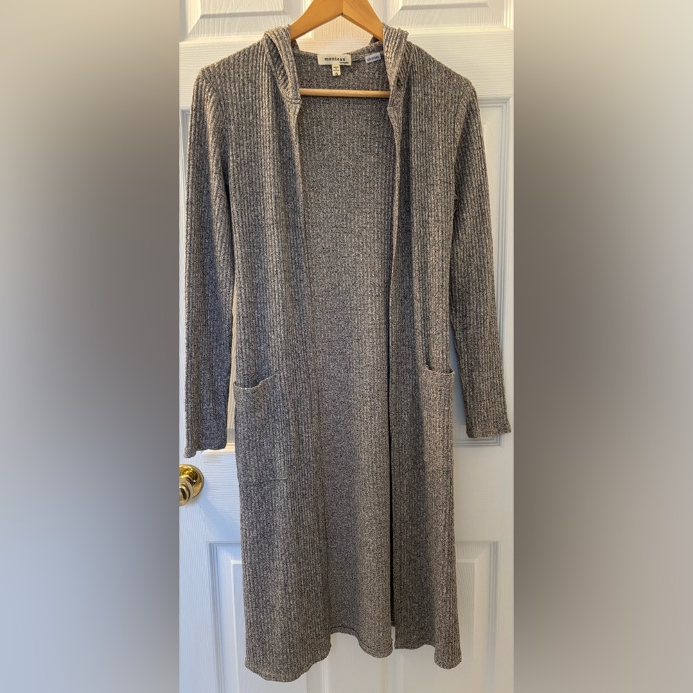 3/$25 Monteau Heather Grey Long Knit Cardigan with Pockets and Hood